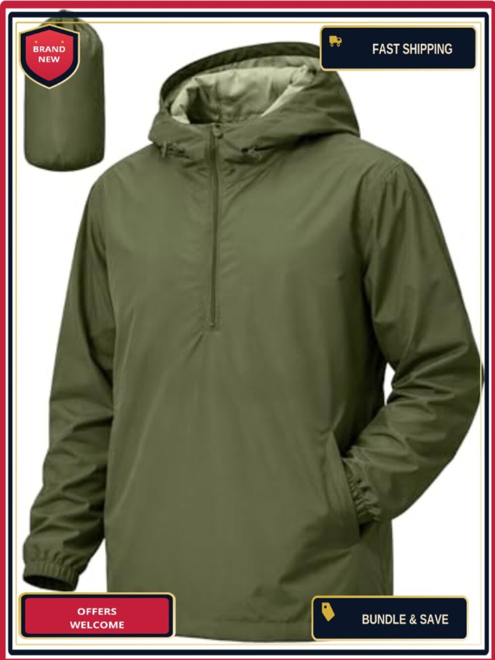 Men's Waterproof Pullover Rain Jacket Windbreaker